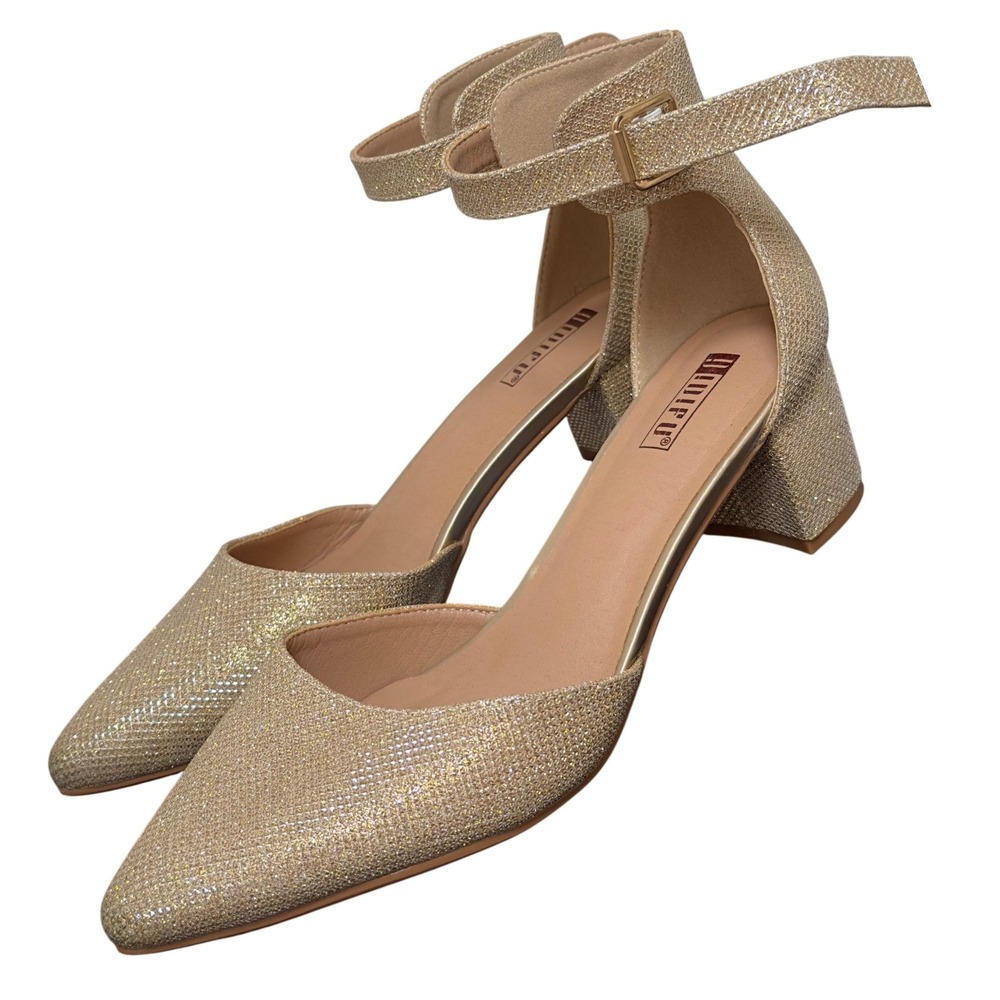 Women's 8.5 Gold Heels Sparkle Wedding Formal Strap Pointed